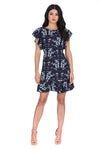 Navy Floral Frill Sleeve Dress