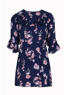 Navy Floral Skater Dress With V-Front Frill