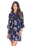 Navy Floral Skater Dress With V-Front Frill