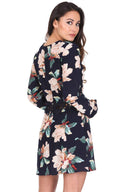 Navy Floral Sleeved Crochet Detail Dress