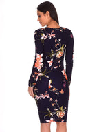 Navy Floral Sleeved Midi Dress