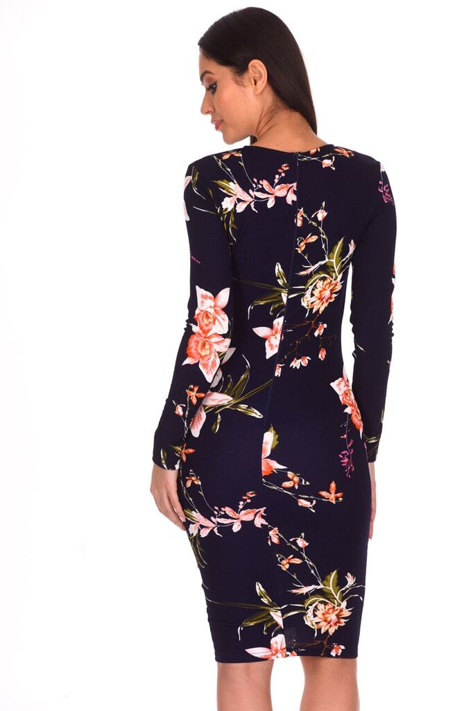 Navy Floral Sleeved Midi Dress