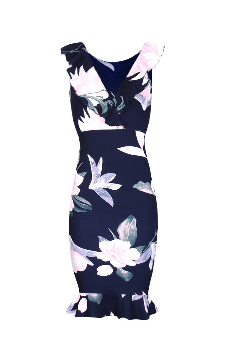 Navy Floral V Neck Frill Detail Dress