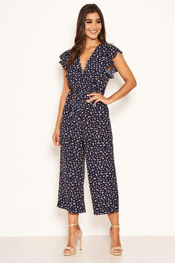 Navy Floral Wrap Over Culotte Jumpsuit