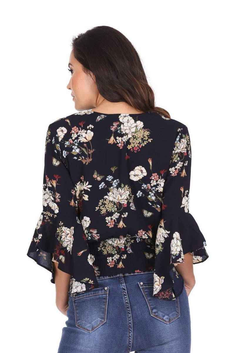 Navy Floral Wrap V Neck Top