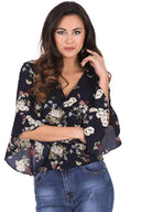 Navy Floral Wrap V Neck Top