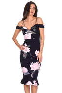 Navy Floral Fishtail Hem Midi Dress