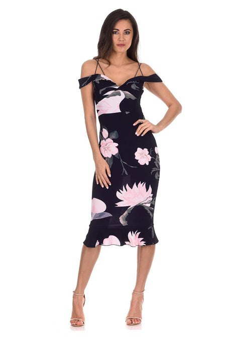 Navy Floral Fishtail Hem Midi Dress