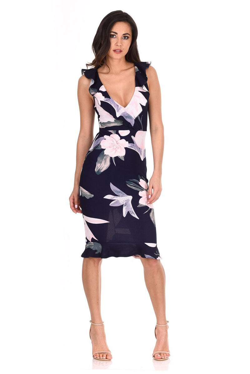 Navy Floral V Neck Frill Detail Dress