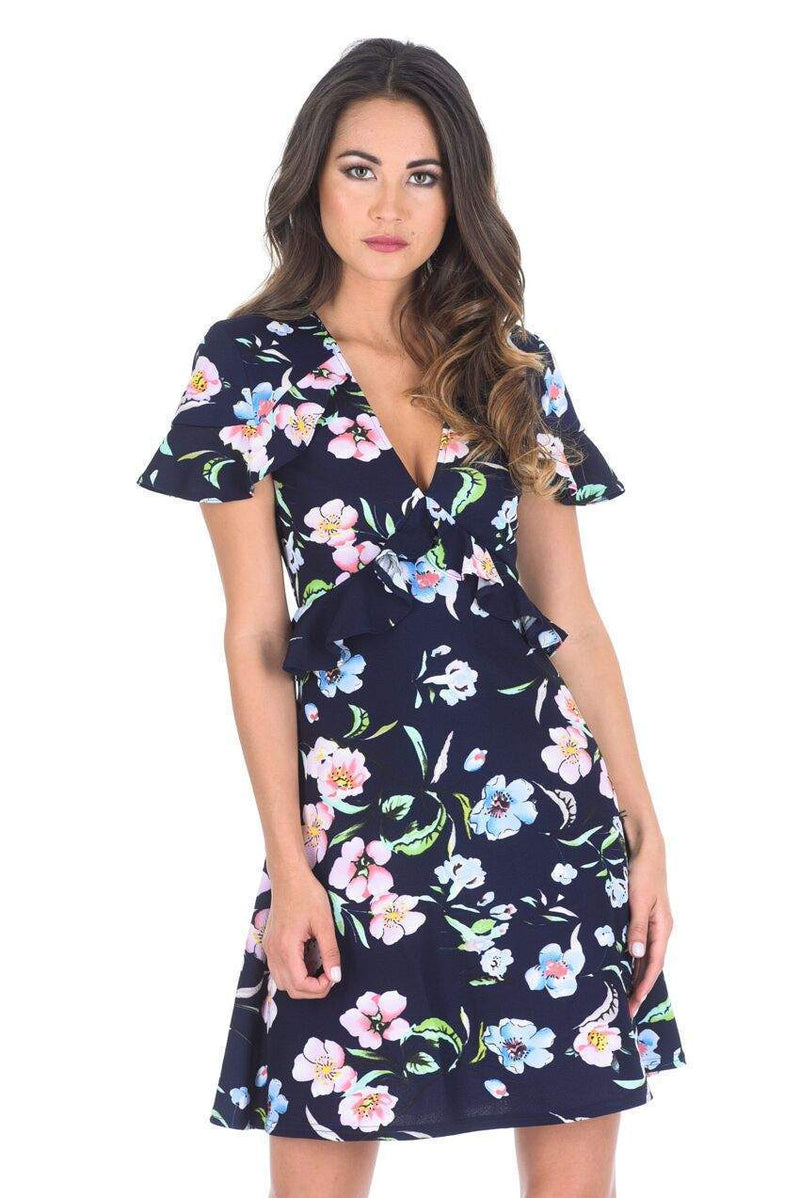 Navy Floral Frill V Neck Dress