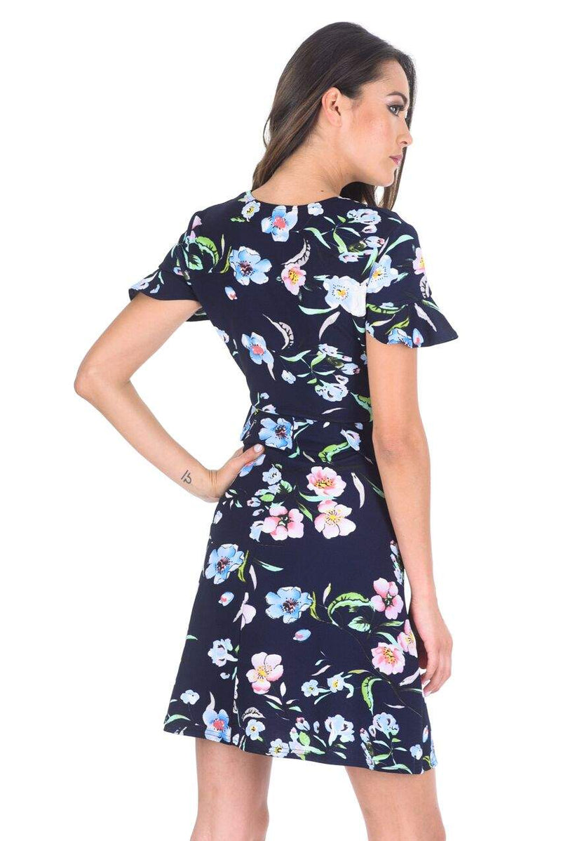 Navy Floral Frill V Neck Dress