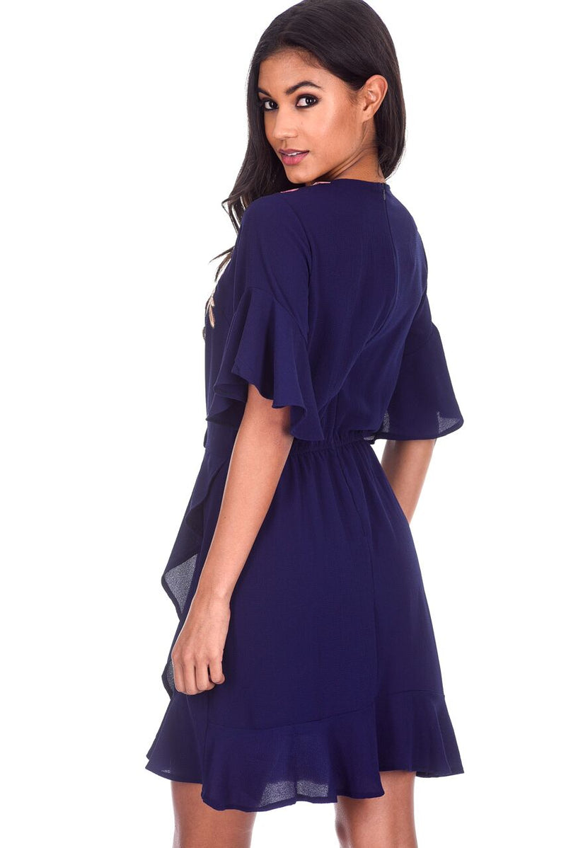 Navy Frill Floral Embroidery Dress