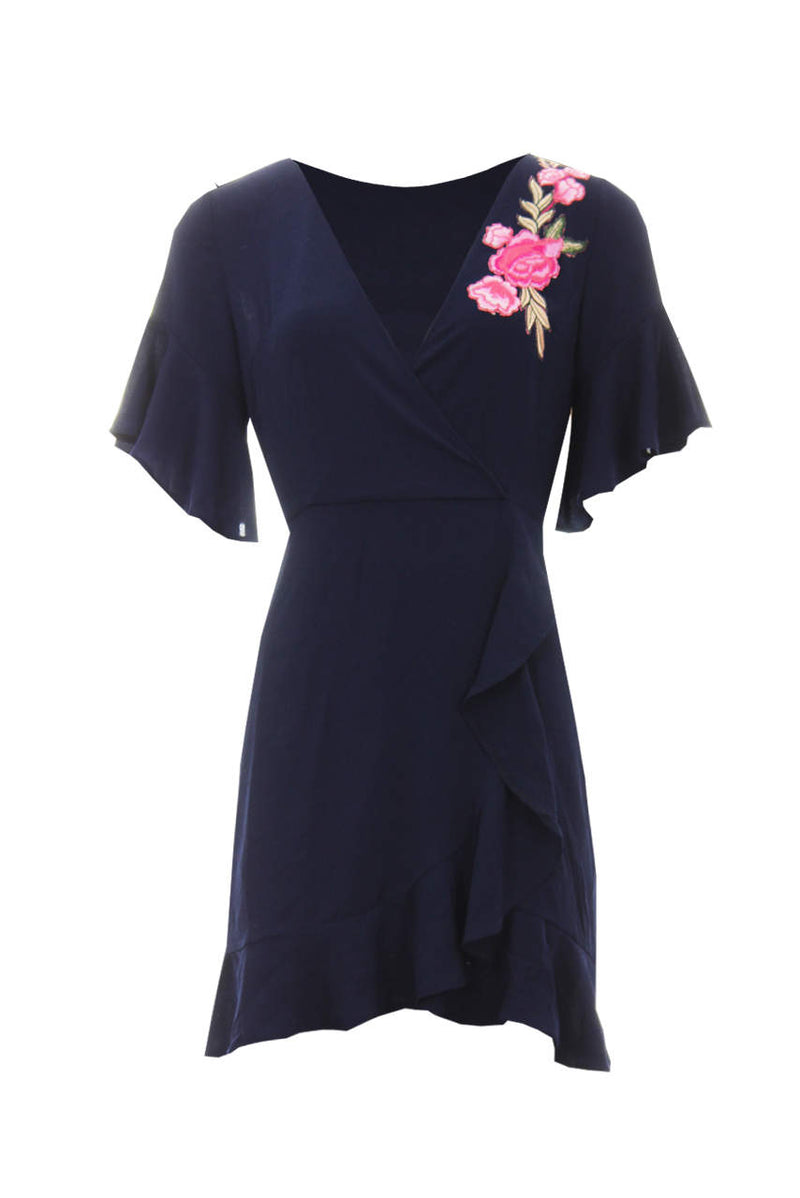 Navy Frill Floral Embroidery Dress