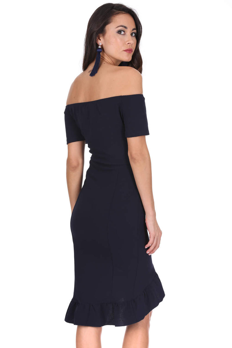 Navy frill cold shoulder midi dress outlet