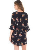 Navy Frill Sleeve Floral Printed Dress