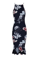 Navy Floral High Neck Fishtail Dress