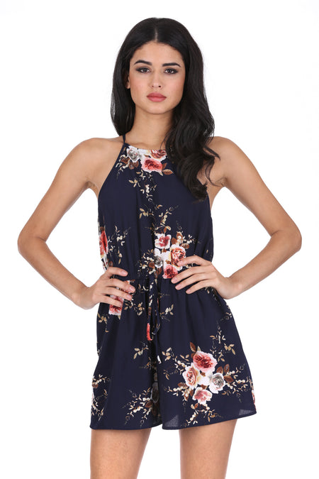 Navy Floral High Neck Playsuit