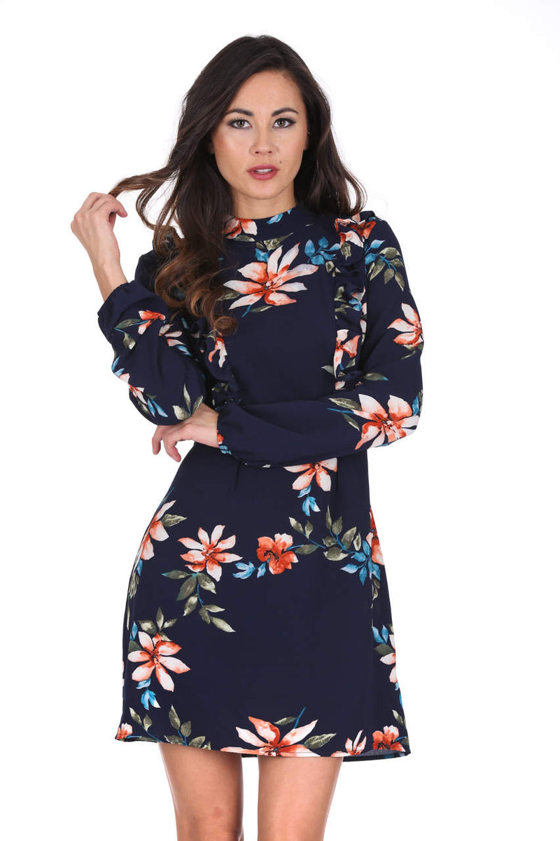 Navy High Neck Floral Print Dress