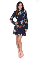 Navy High Neck Floral Print Dress