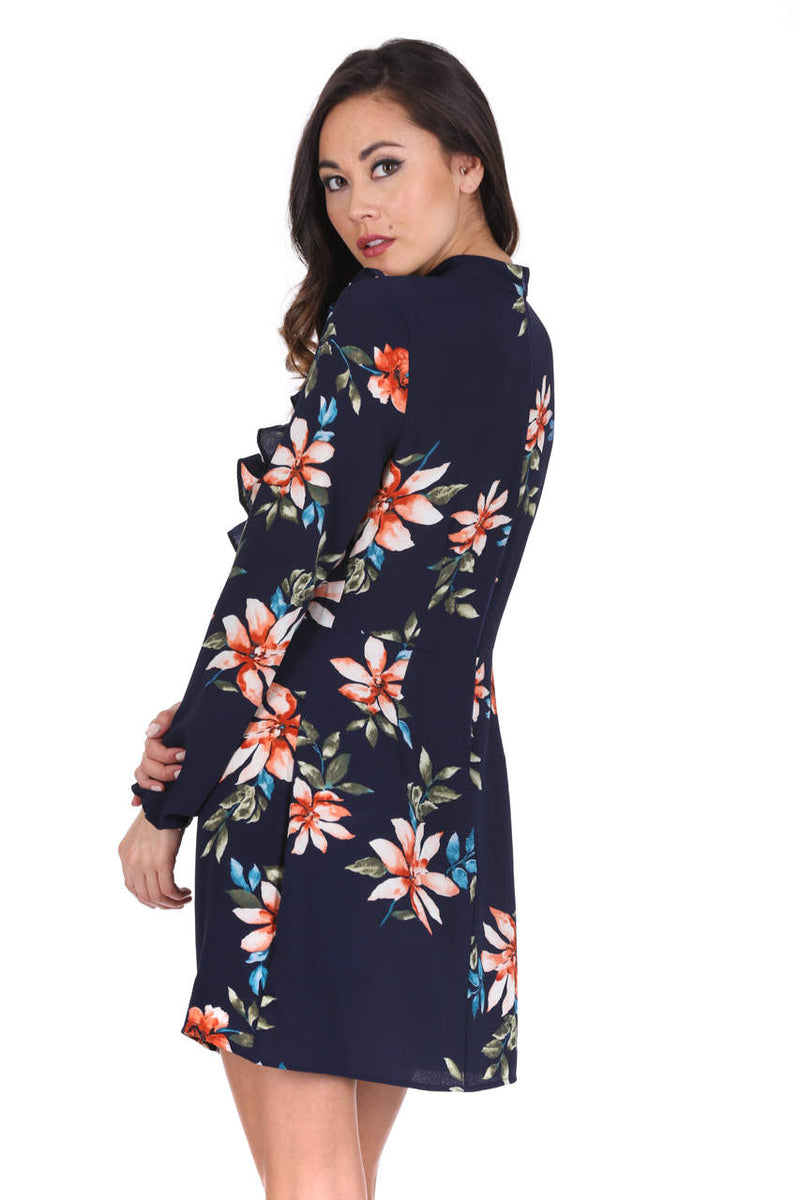 Navy High Neck Floral Print Dress