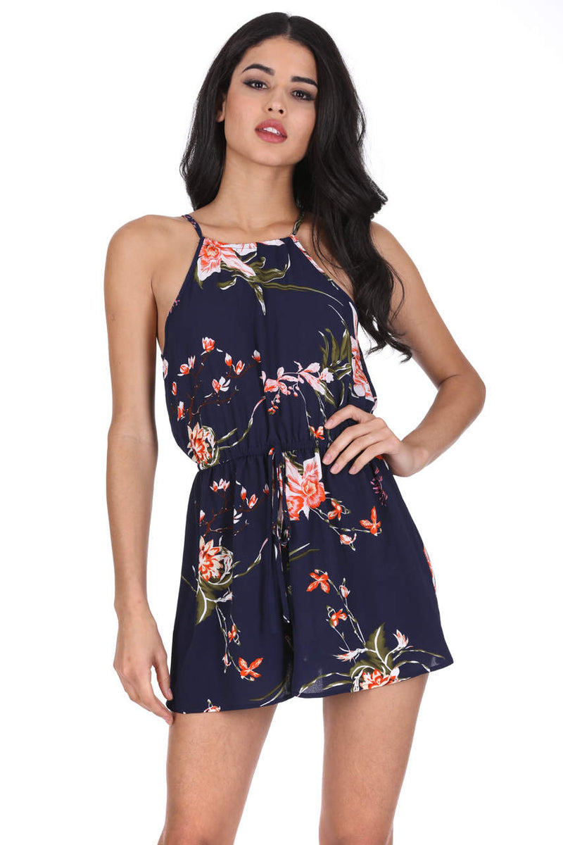 Navy High Neck Floral Print Playsuit