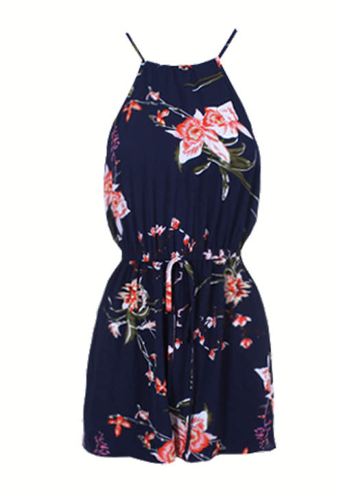 Navy High Neck Floral Print Playsuit