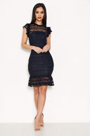 Navy High Neck Lace Frill Dress