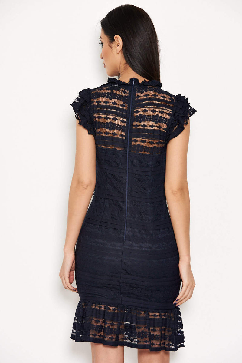 Navy High Neck Lace Frill Dress