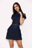 Navy High Neck Lace Layer Frill Mini Dress
