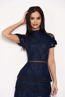 Navy High Neck Lace Layer Frill Mini Dress