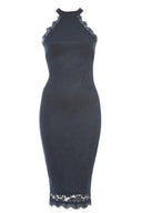 Navy High Neck Lace Midi Dress