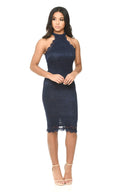 Navy High Neck Lace Midi Dress
