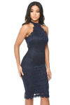Navy High Neck Lace Midi Dress