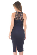 Navy High Neck Midi Length Bodycon Crochet Dress