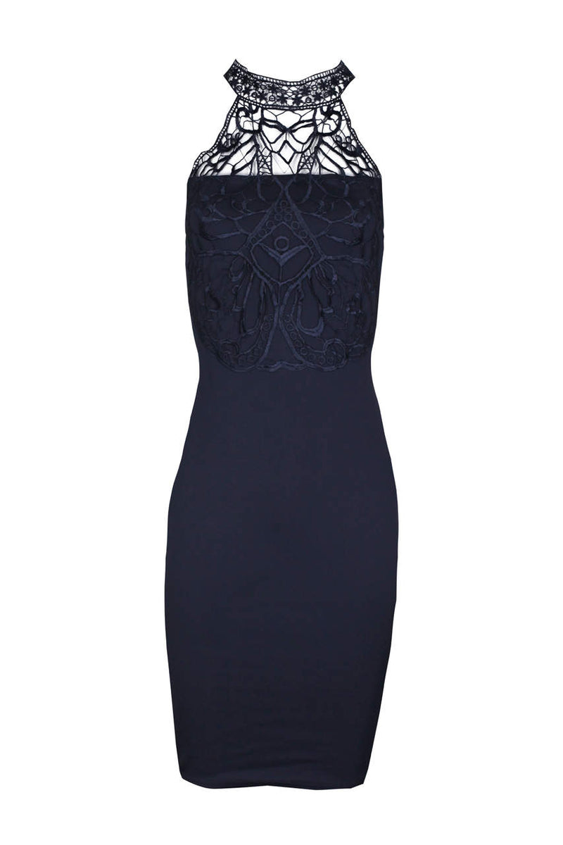 Navy High Neck Midi Length Bodycon Crochet Dress