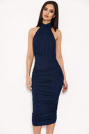 Navy High Neck Ruched Dress