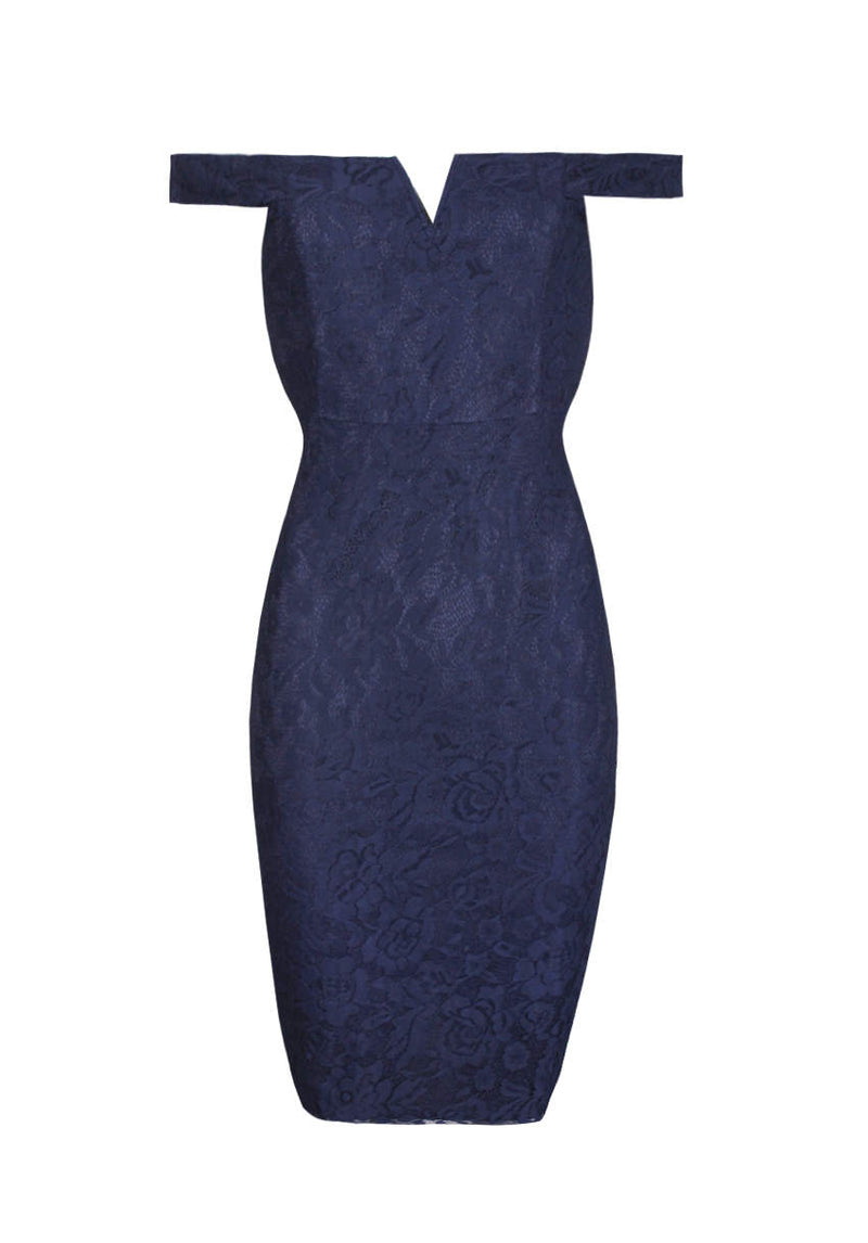 Navy Lace Bardot Midi Dress AX Paris Navy Lace Bardot Midi Dress AX Paris