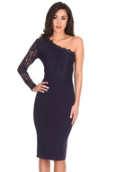 Navy Lace Detail Asymmetric Midi Dress