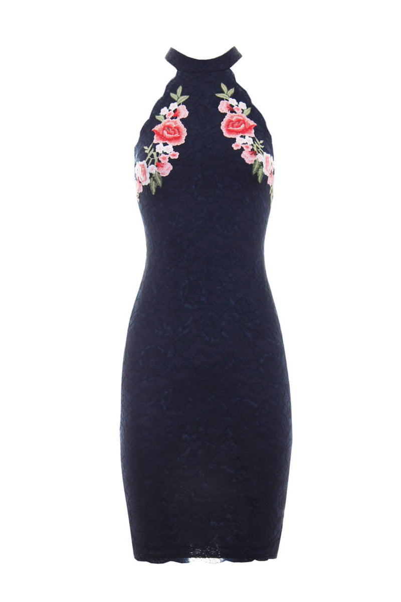 Navy Lace Floral Embroidery Midi Dress