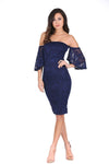 Navy Lace Frill Sleeve Midi Dress