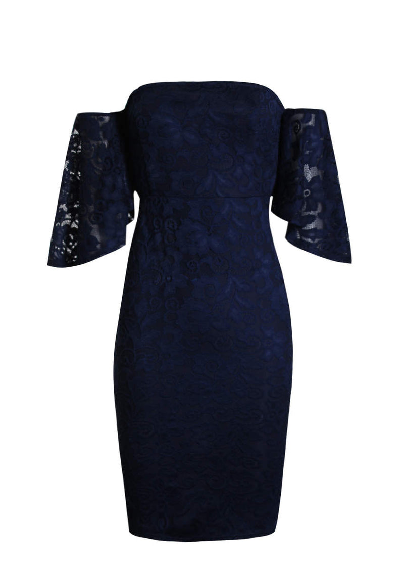 Navy Lace Frill Sleeve Midi Dress