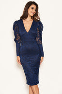 Navy Lace Puff Sleeve Midi Dress