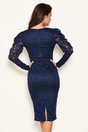 Navy Lace Puff Sleeve Midi Dress