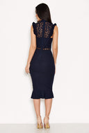 Navy Lace Ruffle Hem And Sleeve Dress