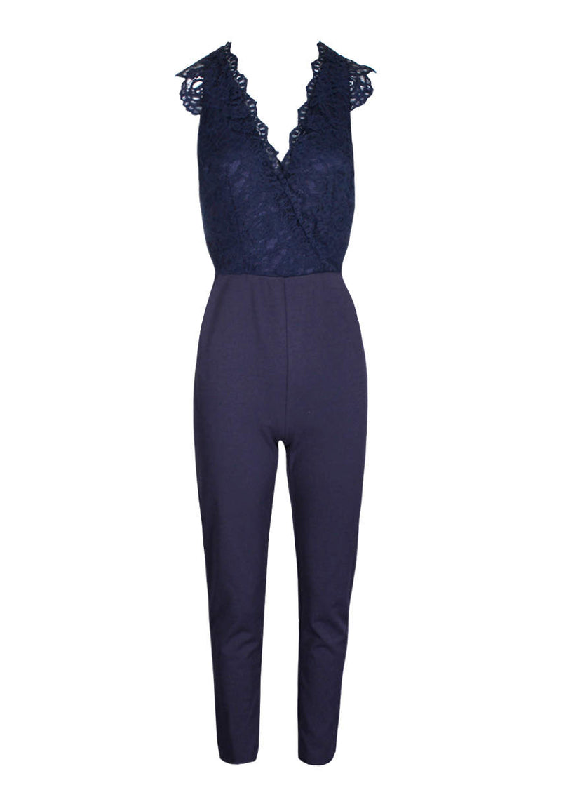 Navy Lace V Neck Jumpsuit