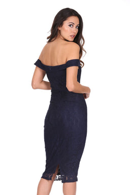 Navy Lace Bardot Midi Dress