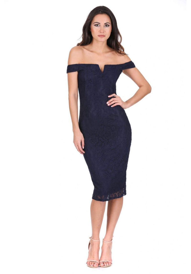 bardot sapphire lace midi dress Chi Chi London Women's Bardot Lace Midi Crochet Dress in Blue 10