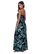 Navy Leaf Print Strapless Maxi Dress