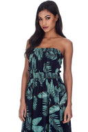 Navy Leaf Print Strapless Maxi Dress