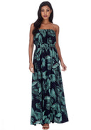 Navy Leaf Print Strapless Maxi Dress